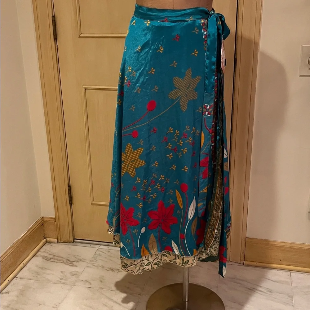 DARN GOOD YARN NWT Boho Granola 100% Silk Teal Sari Wrap Midi Skirt O/S (4-12)